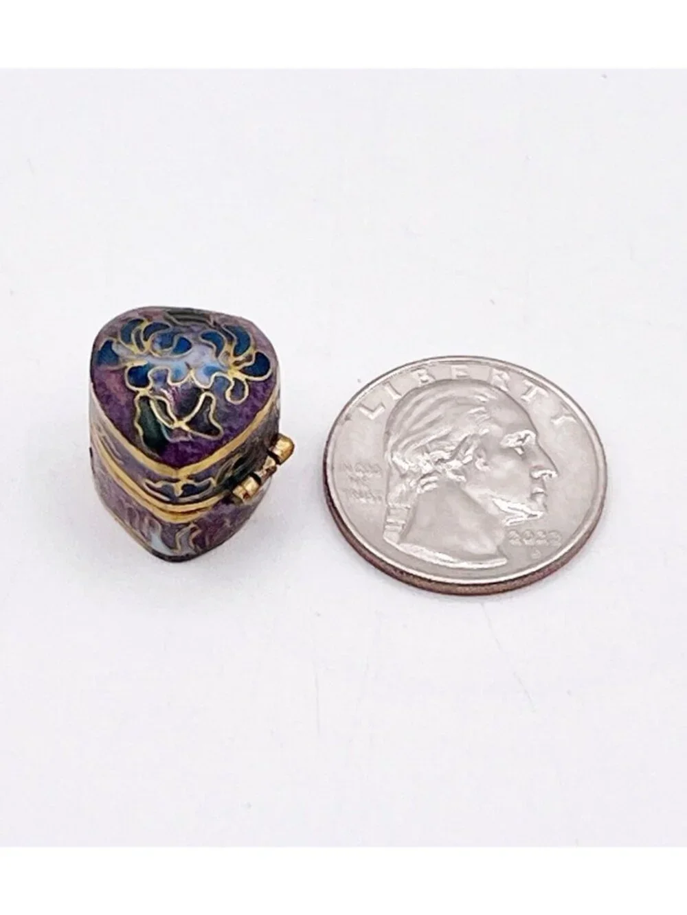 Miniature Cloisonne Enamel Heart Trinket Box Purple Blue Floral Hinged Pill Box